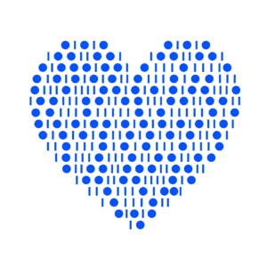 Blue heart shape created with binary code on white background