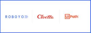 Roboyo Cloetta UiPath Logos on white background with blue border