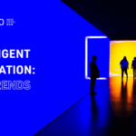 3 silhouettes of people in a blue lit corridor with white roboyo logo in top left corner and Intelligent Automation Trends 2022 underneath - also in white