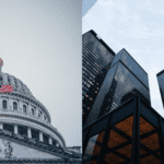 US capitol next to a photo of skyscrappers