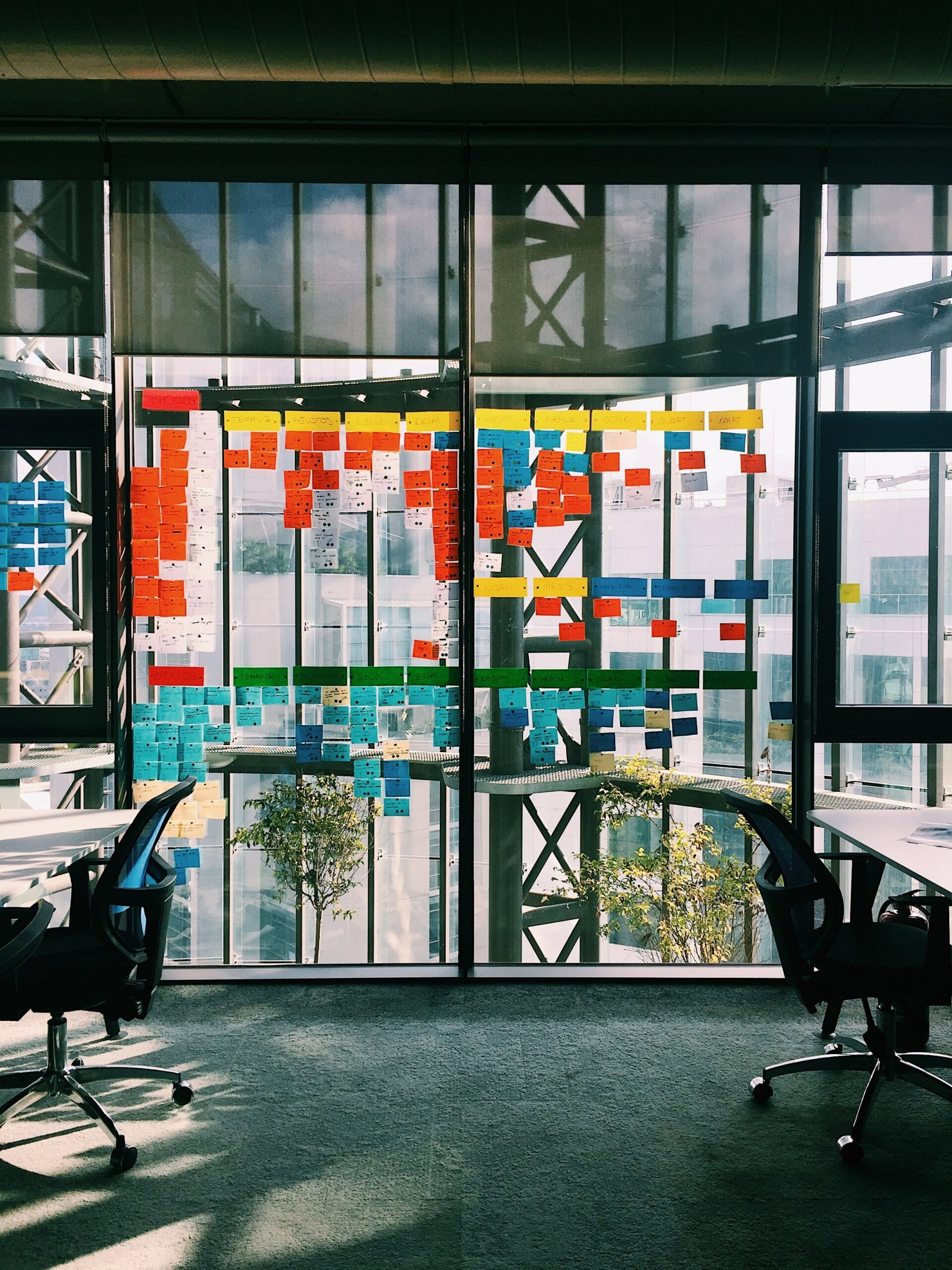 Work building windows covered in colourful sticky notes