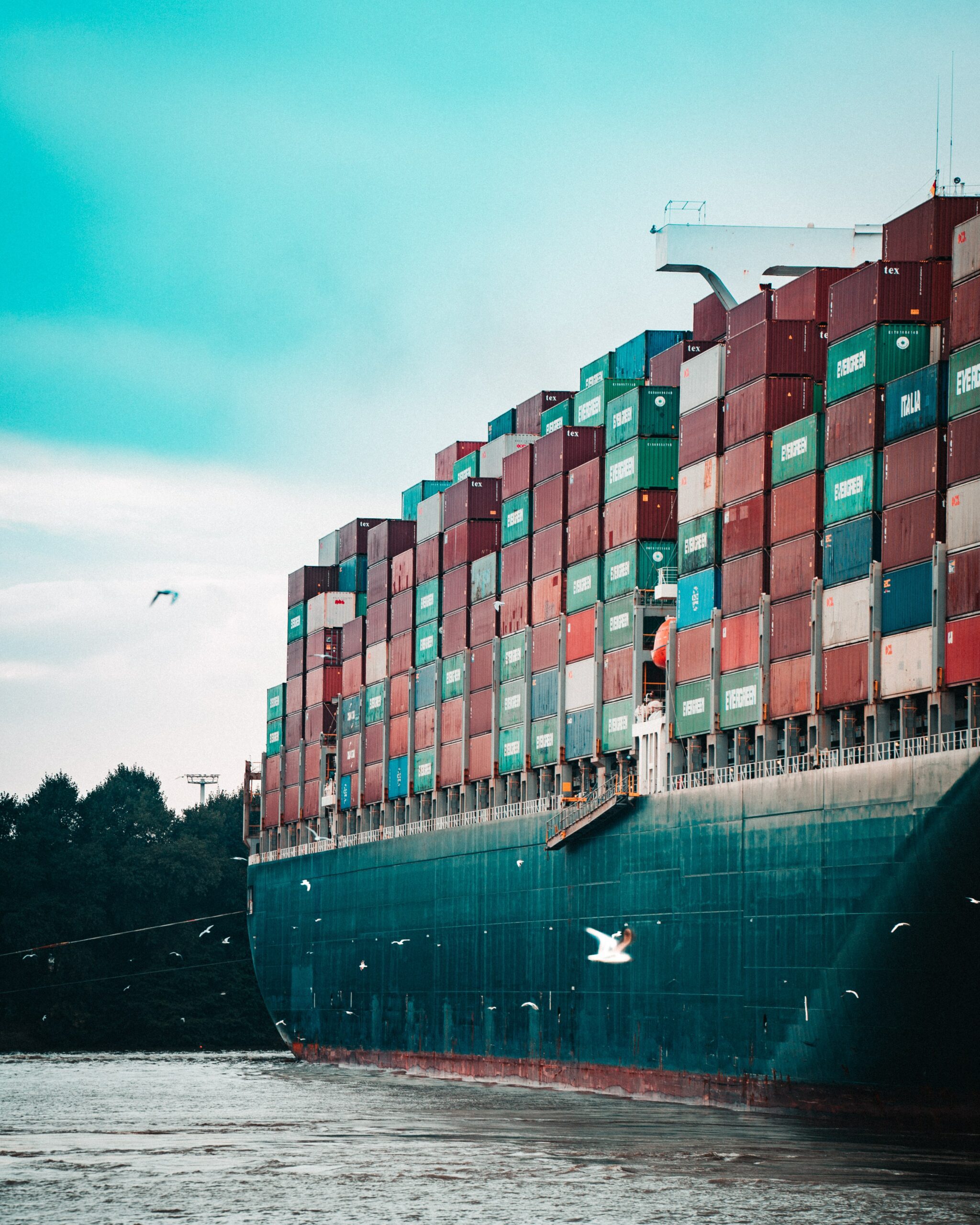 Ship on water carrying multiple storage boxes
