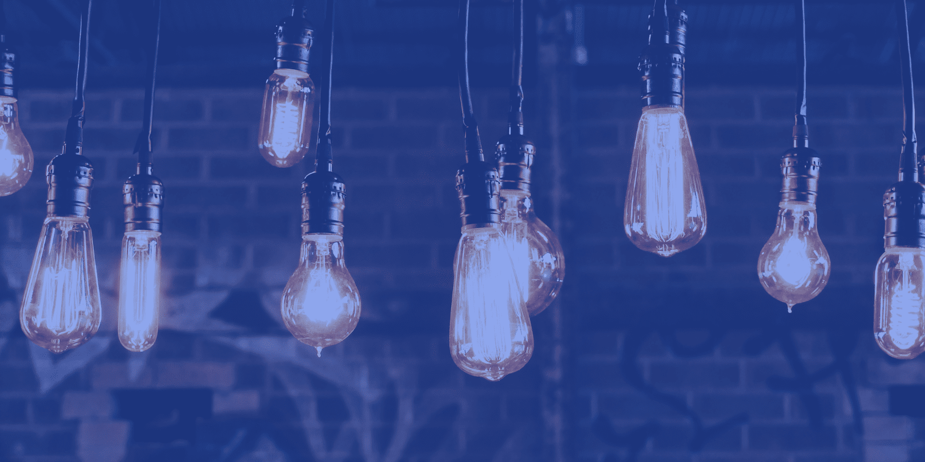 Lightbulbs hanging in a row from the ceiling with roboyo logo overlay